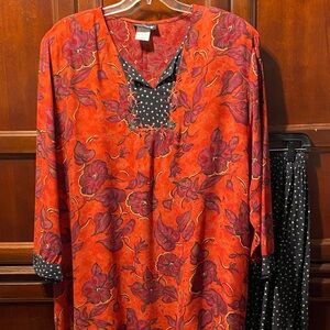Carole Little Floral Red Black Cream Women's tunic and pants set size 24